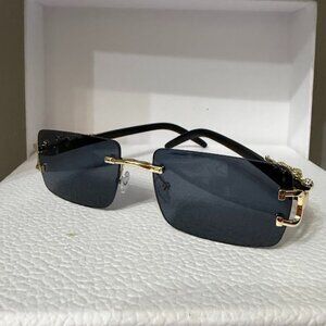 Rimless Square Black Sunglasses Gold Accent